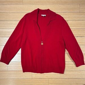St. John Red Knit Cardigan Sweater V-Neck Zip Up Gold Zipper